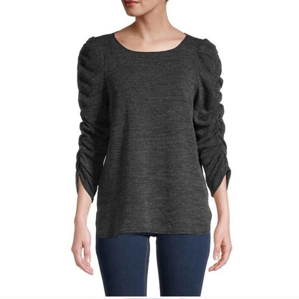 Max Studio Womans Ribbed Ruched Sleeve Heathered‎ Black Top Size Large
